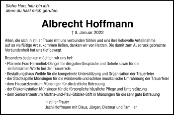 Traueranzeige von Albrecht Hoffmann von Alb-Bote/Metzinger-Uracher Volksblatt