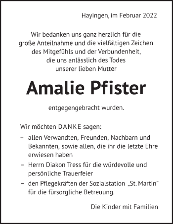 Traueranzeige von Amalie Pfister von Alb-Bote/Metzinger-Uracher Volksblatt