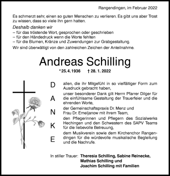 Traueranzeige von Andreas Schilling von Metzinger-Uracher Volksblatt