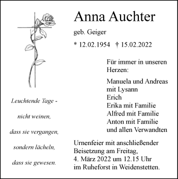 Traueranzeige von Anna Auchter von SÜDWEST PRESSE Ausgabe Ulm/Neu-Ulm