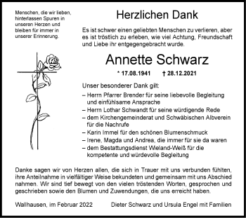 Traueranzeige von Annette Schwarz von Hohenloher Tagblatt