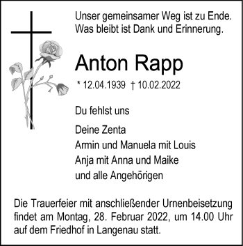 Traueranzeige von Anton Rapp von SÜDWEST PRESSE Ausgabe Ulm/Neu-Ulm