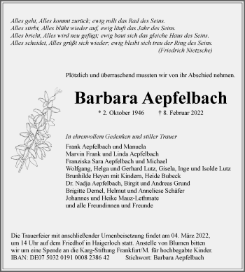 Traueranzeige von Barbara Aepfelbach von Metzinger-Uracher Volksblatt