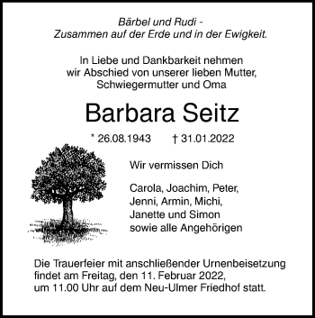 Traueranzeige von Barbara Seitz von SÜDWEST PRESSE Ausgabe Ulm/Neu-Ulm