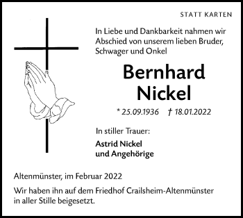 Traueranzeige von Bernhard Nickel von Hohenloher Tagblatt