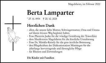 Traueranzeige von Berta Lamparter von Alb-Bote/Metzinger-Uracher Volksblatt