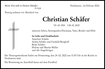 Traueranzeige von Christian Schäfer von Metzinger-Uracher Volksblatt