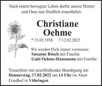 Traueranzeige von Christiane Oehme von SÜDWEST PRESSE Ausgabe Ulm/Neu-Ulm