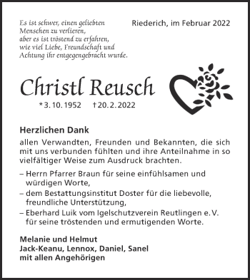 Traueranzeige von Christl Reusch von Metzinger-Uracher Volksblatt