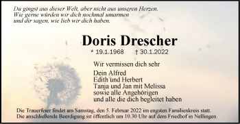 Traueranzeige von Doris Drescher von SÜDWEST PRESSE Ausgabe Ulm/Neu-Ulm