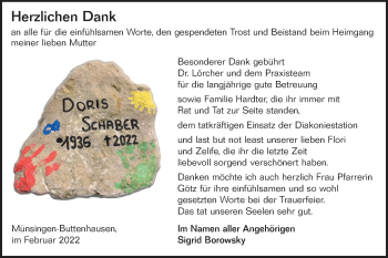 Traueranzeige von Doris Schaber von Alb-Bote/Metzinger-Uracher Volksblatt