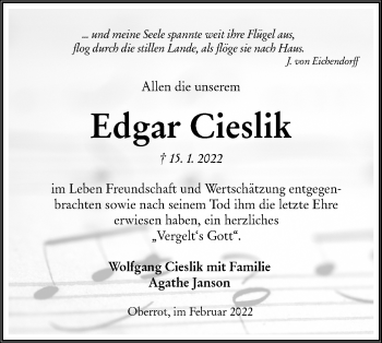 Traueranzeige von Edgar Cieslik von Rundschau Gaildorf