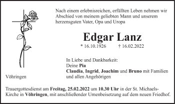 Traueranzeige von Edgar Lanz von Illertal Bote