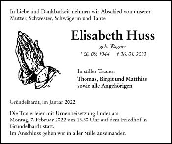 Traueranzeige von Elisabeth Huss von Hohenloher Tagblatt