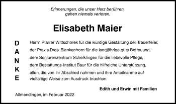 Traueranzeige von Elisabeth Maier von Ehinger Tagblatt