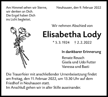 Traueranzeige von Elisabetha Lody von Metzinger-Uracher Volksblatt