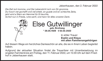 Traueranzeige von Else Gutwillinger von NWZ Neue Württembergische Zeitung