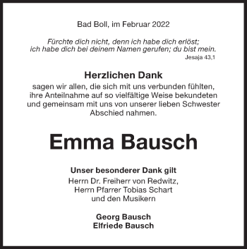 Traueranzeige von Emma Bausch von NWZ Neue Württembergische Zeitung