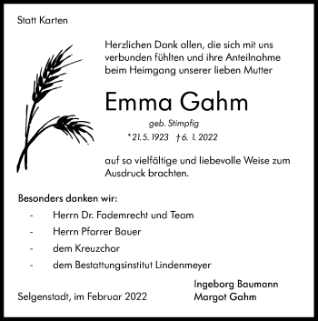 Traueranzeige von Emma Gahm von Hohenloher Tagblatt