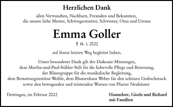 Traueranzeige von Emma Goller von Alb-Bote/Metzinger-Uracher Volksblatt