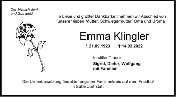 Traueranzeige von Emma Klingler von Hohenloher Tagblatt