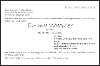 Traueranzeige von Emma Wagner von Haller Tagblatt