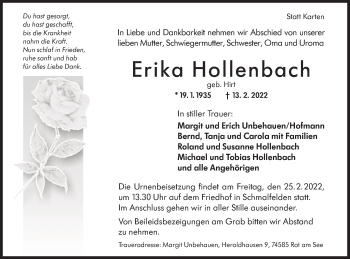 Traueranzeige von Erika Hollenbach von Hohenloher Tagblatt