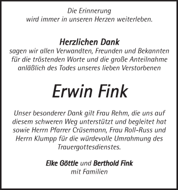 Traueranzeige von Erwin Fink von Geislinger Zeitung