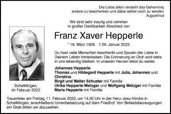 Traueranzeige von Franz Xaver Hepperle von Ehinger Tagblatt