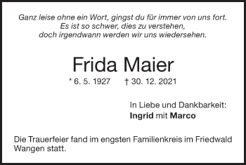 Traueranzeige von Frida Maier von NWZ Neue Württembergische Zeitung