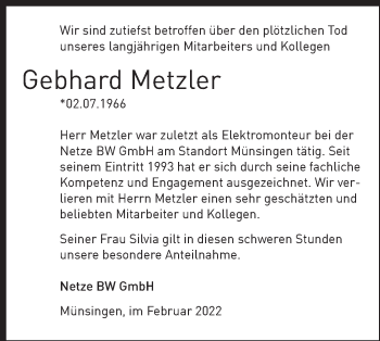 Traueranzeige von Gebhard Metzler von Metzinger-Uracher Volksblatt