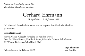 Traueranzeige von Gerhard Ehrmann von Haller Tagblatt