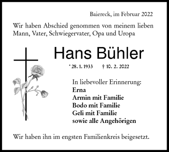 Traueranzeige von Hans Bühler von NWZ Neue Württembergische Zeitung