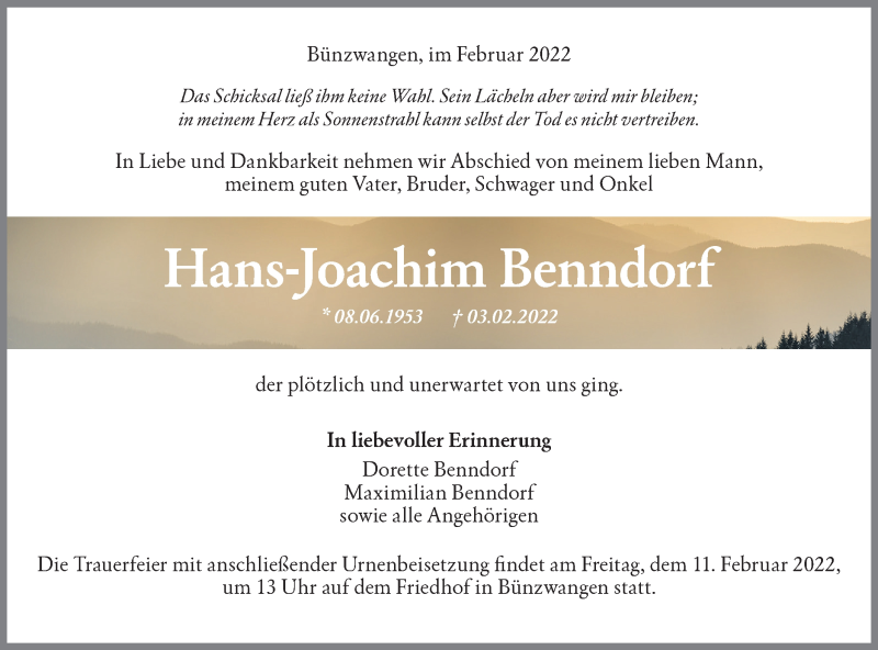  Traueranzeige für Hans-Joachim Benndorf vom 08.02.2022 aus NWZ Neue Württembergische Zeitung