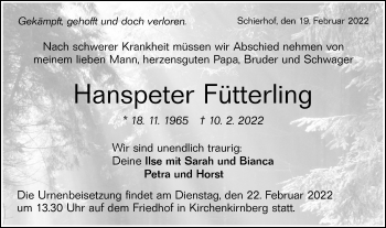 Traueranzeige von Hanspeter Fütterling von Rundschau Gaildorf