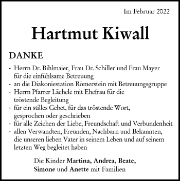 Traueranzeige von Hartmut Kiwall von Alb-Bote/Metzinger-Uracher Volksblatt