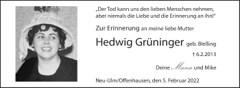 Traueranzeige von Hedwig Grüninger von SÜDWEST PRESSE Ausgabe Ulm/Neu-Ulm