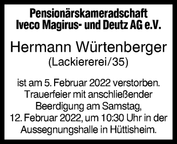 Traueranzeige von Hermann Würtenberger von SÜDWEST PRESSE Ausgabe Ulm/Neu-Ulm