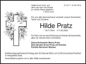 Traueranzeige von Hilde Pratz von Hohenloher Tagblatt