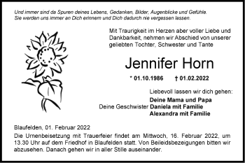 Traueranzeige von Jennifer Horn von Hohenloher Tagblatt