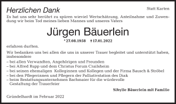 Traueranzeige von Jürgen Bäuerlein von Hohenloher Tagblatt