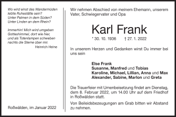 Traueranzeige von Karl Frank von NWZ Neue Württembergische Zeitung