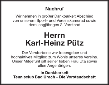 Traueranzeige von Karl-Heinz Pütz von Metzinger-Uracher Volksblatt