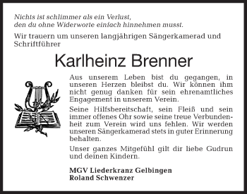 Traueranzeige von Karlheinz Brenner von Haller Tagblatt