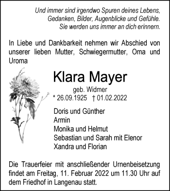 Traueranzeige von Klara Mayer von SÜDWEST PRESSE Ausgabe Ulm/Neu-Ulm