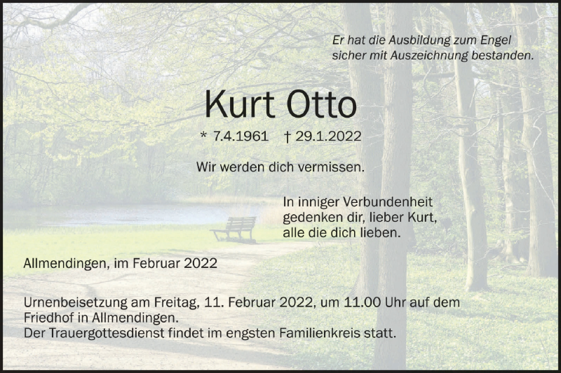  Traueranzeige für Kurt Otto vom 09.02.2022 aus Ehinger Tagblatt