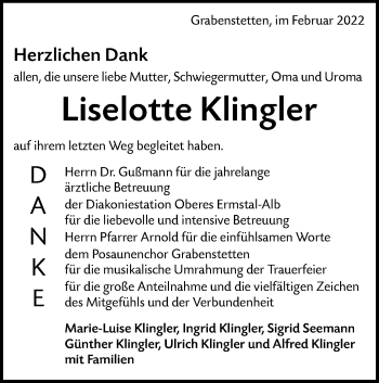 Traueranzeige von Liselotte Klingler von Alb-Bote/Metzinger-Uracher Volksblatt