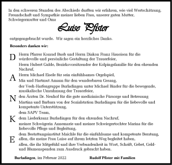 Traueranzeige von Luise Pfister von Metzinger-Uracher Volksblatt