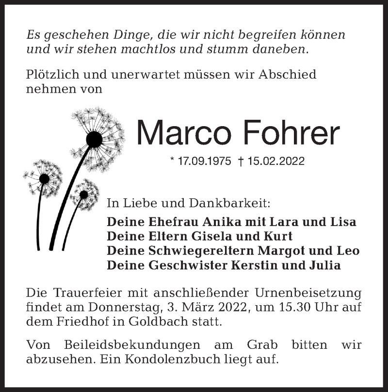  Traueranzeige für Marco Fohrer vom 01.03.2022 aus Hohenloher Tagblatt