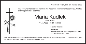 Traueranzeige von Maria Kudlek von NWZ Neue Württembergische Zeitung